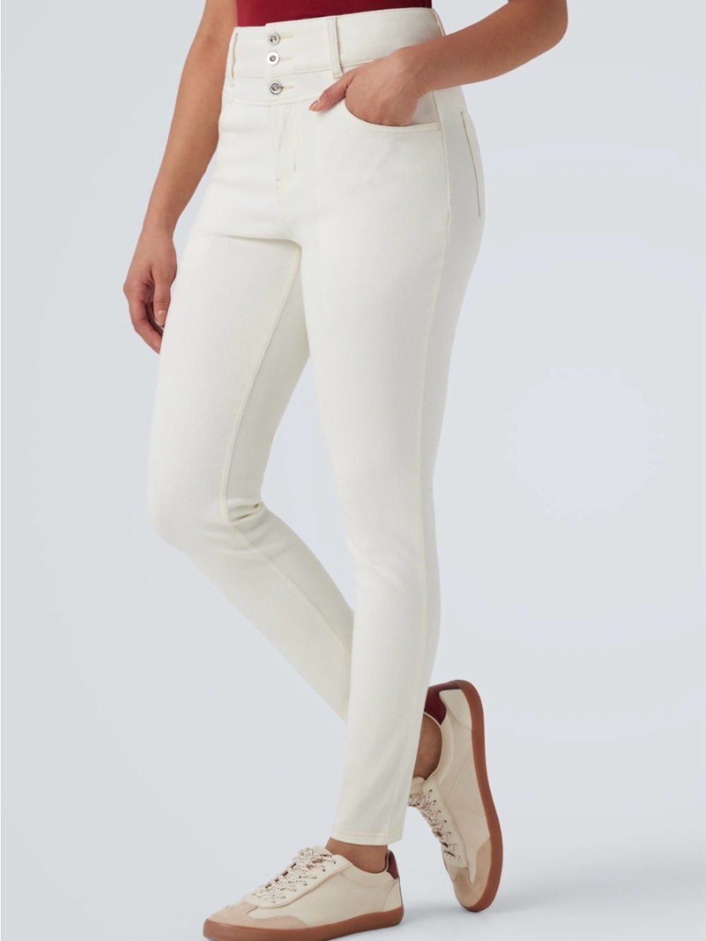 HALARA Women's White High-Rise Skinny Jeans with Triple Button